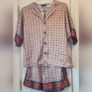 NWT Sollinarry Satin Geometric Print Lounge Set - Large -sz12 Brown/Tan 2 Piece